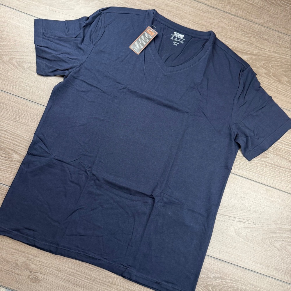 Steven Land Mens V-Neck T-Shirt Modern Fit Tencel Cotton Blend Navy Blue Large